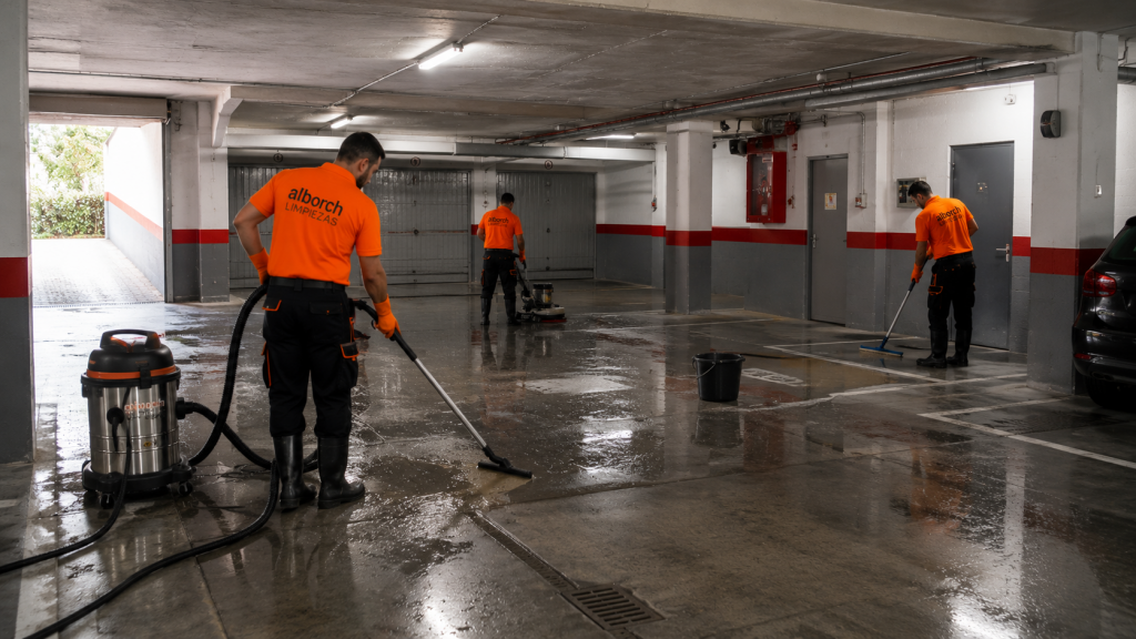 tres personas haciendo limpieza de garaje subterraneo en Valencia