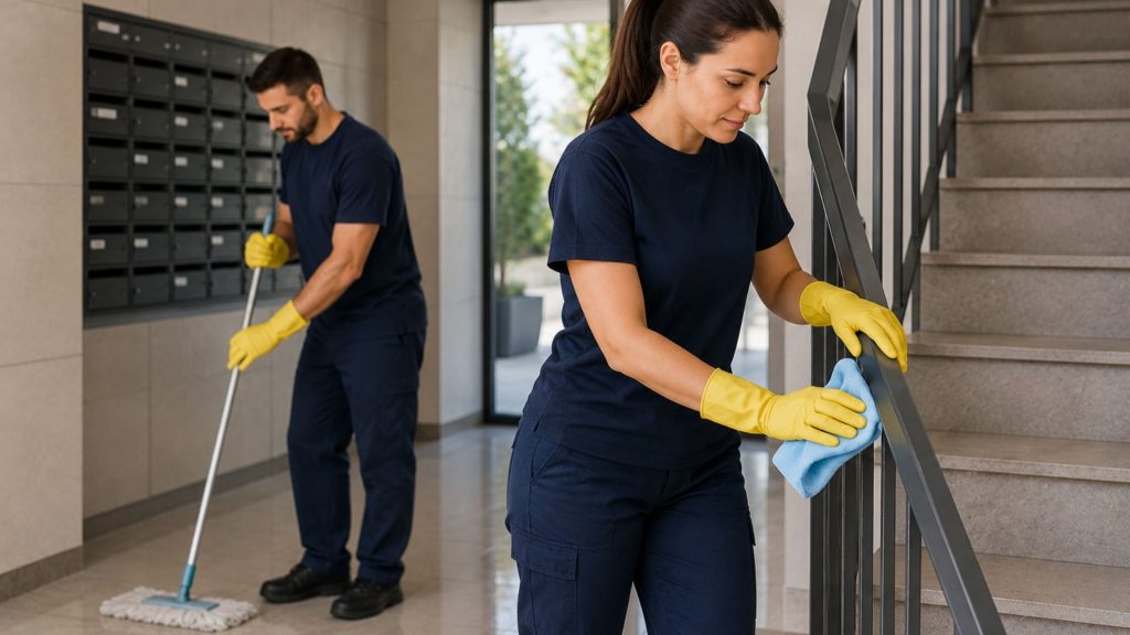 Dos personas haciendo limpieza de edficios profesional